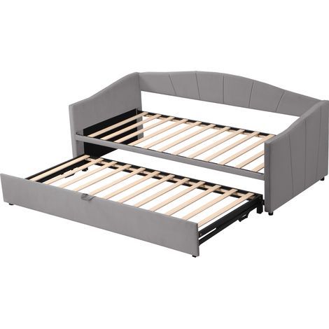 Divano letto imbottito estraibile 90/180x200 cm in velluto grigio con rete a doghe MODENUIT (1/5)