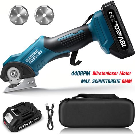 440RPM Ciseaux électriques Sans fil 18V avec 2.0AH Batt, Charge USB-C, Moteur Sans Brosse, Largeur de coupe 9mm, Lampe LED, Double sécurité, avec Lame de Rechange et étui pour Tissus, Plastiques, Cuir (1/5)
