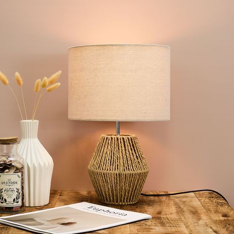 Lampe - HOME DECO FACTORY - Lina - Corde Tressée - Abat-Jour Lin - Marron et Blanc (1/3)
