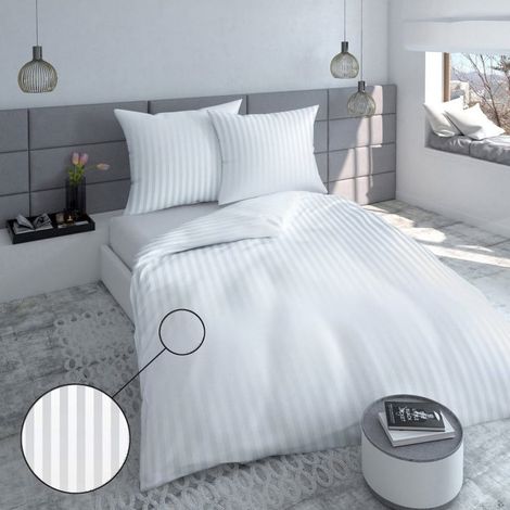 Satin Bettwäsche 160×200 weiße Streifen 2cm mit Hotelperle (1/4)