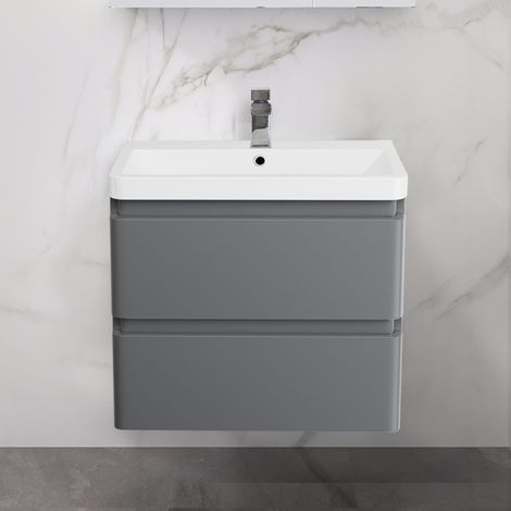 Wall Hung Drawer Vanity Unit Basin Bathroom 600mm Gloss Grey (1/5)