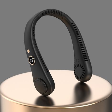 Ventilador de cuello USB negro, silencioso y compacto, con pantalla digital, ideal para deportes al aire libre.