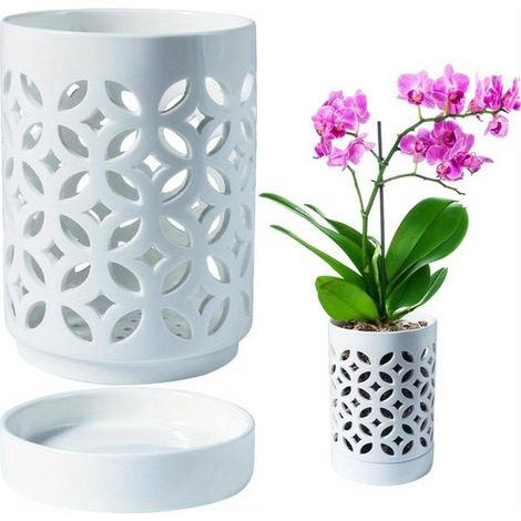 Orchideentopf 10 cm Orchideentopf mit Löchern und Untersetzer zum Umtopfen atmungsaktiver Orchideentopf mit Schlitzen Blumentopf weißes weiß (1/4)