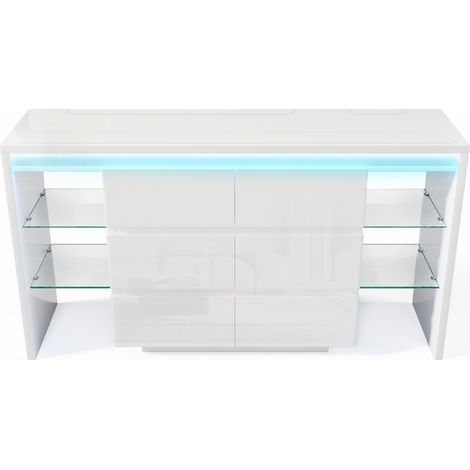 Buffet Commode LED avec 6 Tiroirs et 4 Étagères Verre Meuble Salon Blanc Brillant 155x40x80 cm (1/5)