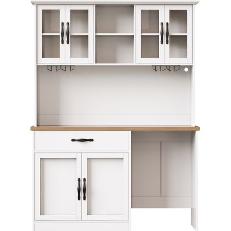 Credenza cucina alta 140 cm con carrello estraibile, LED, portabicchieri e portabottiglie (1/5)