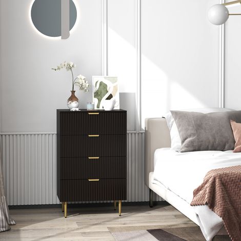 Commode 4 tiroirs 60x40x96 cm, poignées et pieds dorés, noir. Meuble rangement moderne luxe, chic et raffiné pour votre chambre à coucher. (1/5)