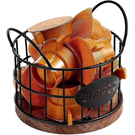 Panier à dosettes de café en fil métallique avec base en bois, support de rangement robuste pour la cuisine, poignées de transport, 2026 (1/5)
