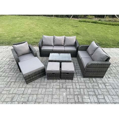 Fimous Gartenmöbel-Sets 7 Stücke Polyrattan Möbel Sofa Set mit Rechteckiger Couchtisch Loveseat Sofa 3 Hockern (1/5)