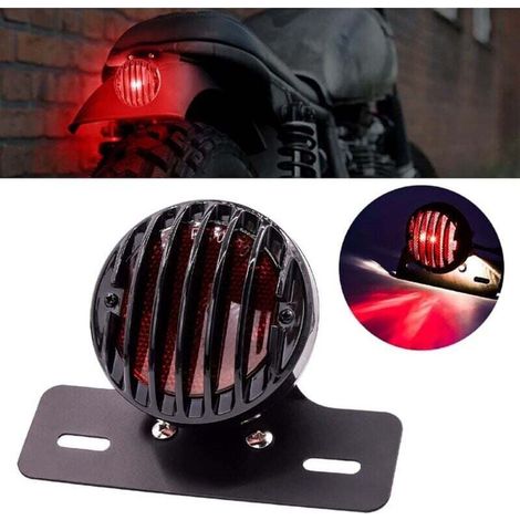 Feu Arrière Rond Noir pour Moto - Avec Support de Plaque d'Immatriculation, 12V, (1/5)