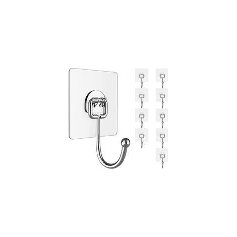 FLITI Adhesive Hooks, Transparent, 10 Pieces, Stainless Steel, PVC, Wall-Mounted, Bathroom, Kitchen (1/5)