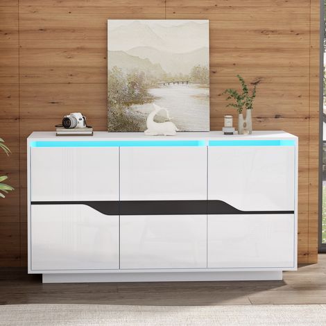 Buffet 140x40x70cm - buffet à 3 portes avec séparateurs réglables, larges compartiments sans poignées - Blanc (1/5)