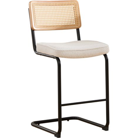 Lot de 2 Tabourets de Bar modernes avec assise en tissu Chenille, dossier en bois et rotin, pieds en métal laqué - Ivoire (1/5)