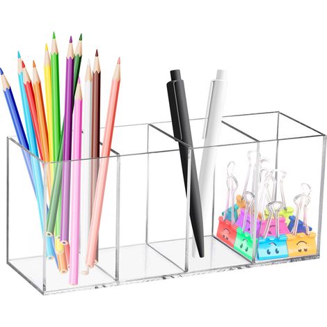 4 Compartiments Pot à Stylos en Acrylique 22.5x7.6x9.5 cm Rangement Stylo Bureau Transparente, Pot a Crayon en Acrylique Transparent, Porte Stylo, pour Maison, Bureau, École (1/5)