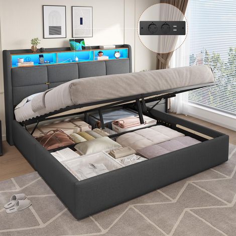 Lit Coffre 180x200 avec Lumières LED et Prise Cadre de Lit 180x200 avec Sommier et Rangement,lit 2 Personnes 180 x 200 avec Tete de Lits,Lits Rembourré en Lin,Gris Foncé-sans Matelas (1/5)
