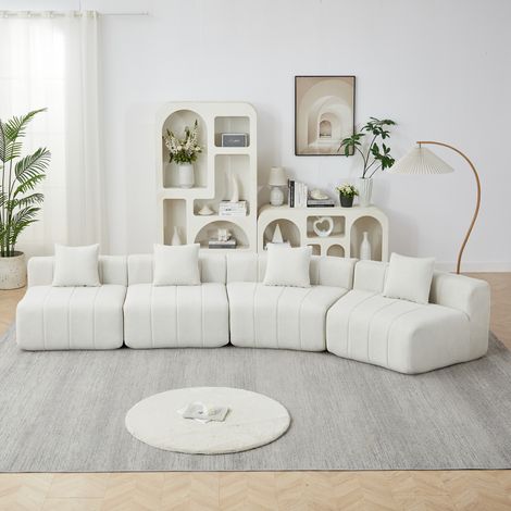 Sofá modular curvo de chenilla, asiento estilo teclas de piano, con 2 cojines, beige (1/5)
