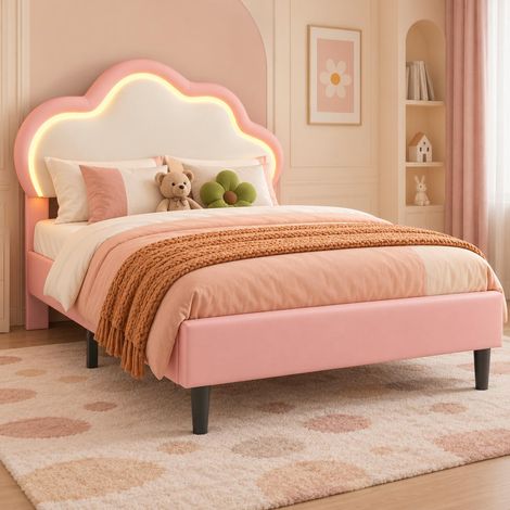 Kinderbett 90x200 cm Polsterbett Einzelbett, Höhenverstellbares Kopfteil in Wolkenform, RGB-LED-Leiste und Lattenrost, pflegeleichtes Kunstleder PU, Rosa (1/5)