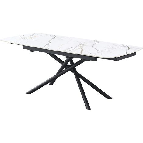 Table à manger rectangulaire extensible 6/8 pers. en céramique effet Marbre blanc et piètement noir 140/200x90 cm - Hydra