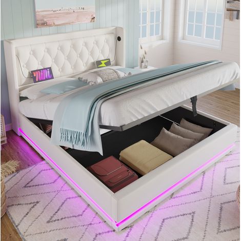 Letto matrimoniale imbottito 140x200 cm moderno in PU bianco con testiera, vano contenitore idraulico, LED, USB-C e materasso (1/5)