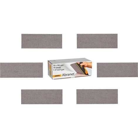 Mirka Abranet - Strisce abrasive a rete, 70 mm x 198 mm, confezione da 5 di ogni grana 80, 120, 180, 240, 320, 400/30 pezzi/per levigare legno, spatola, vernice, plastica (1/4)