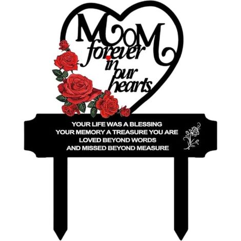 Plaque funéraire commémorative en métal pour maman - Décoration de cimetière en forme de cœur avec roses, inscription « À jamais dans nos cœurs » (1/5)