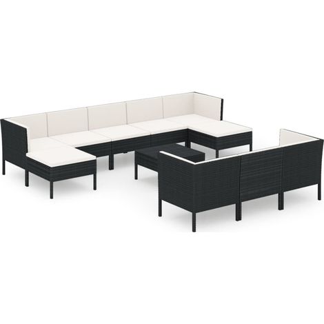 Set muebles de jardín 11 pzas y cojines ratán sintético negro vidaXL