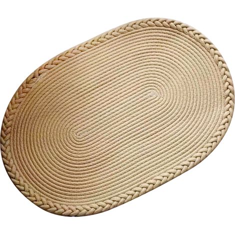 Tapis de chambre à coucher tissé main, descente de lit ovale unie beige pour salon et bureau (1/5)