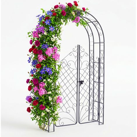 Relaxdays Rosenbogen mit Tür, Metall, Torbogen Garten, HxBxT: 220 x 120 x 40 cm, Rankbogen für Kletterpflanzen, schwarz