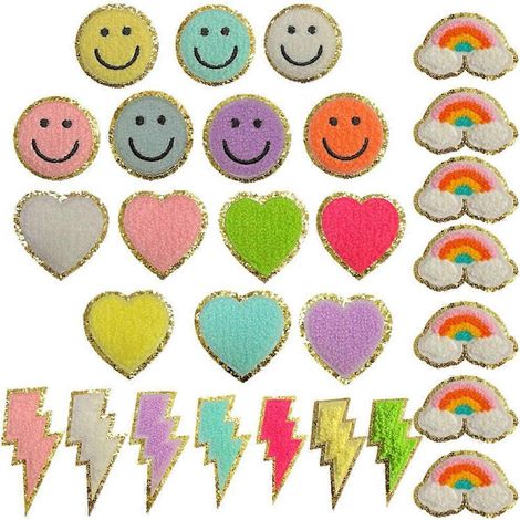 Lot de 28 écussons thermocollants pour vêtements : lettres, autocollants, jolis motifs arc-en-ciel, smiley et cœur, parfaits pour les jeans. (1/5)