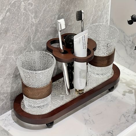 Étagère de rangement pour salle de bain, porte-brosses à dents, étagère, porte-dentifrice, porte-gobelet pour bain de bouche (motif rayé)