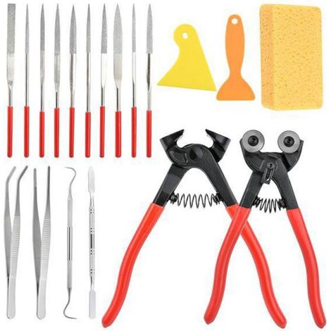 Lot de 19 Outils de Mosaïque avec Ciseaux à Verre, Ciseaux à Carrelage, Pinces à Chammer, Pinces à épiler, Double Crochet, Spatule, Raclette, éponge pour Couper et Poncer le Verre et la (1/5)
