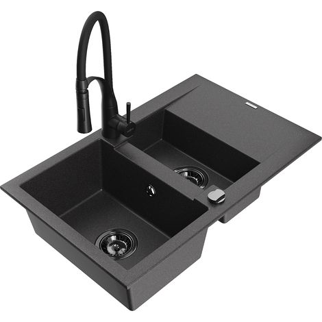 Mexen Gaspar Granitspüle 1,5-Becken mit Abtropffläche und Küchenarmatur Aster, schwarz gesprenkelt - 6507-76-73450-70-B (1/5)