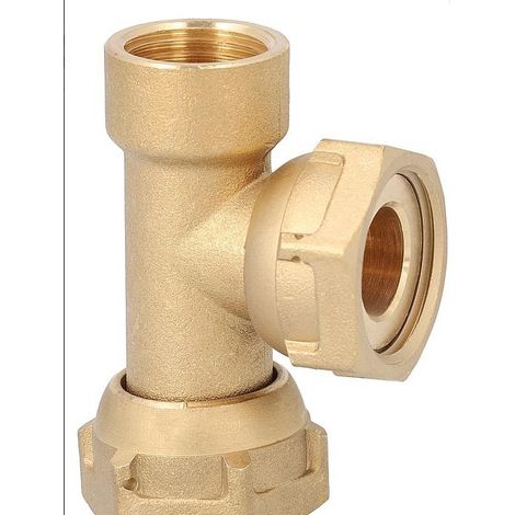 Té laiton à visser femelle 1/2'' (15/21) - double écrou tournant femelle 3/4'' (20/27)