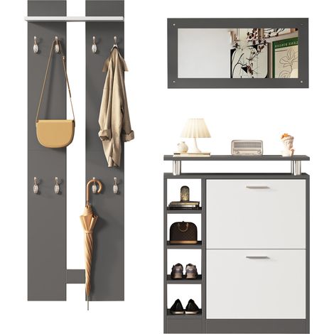 Vestiaire mural d’entrée avec miroir, 2 panneaux à patères, meuble à chaussures et tablette haute, gris et blanc, pour petit hall  CHICFURN (1/5)