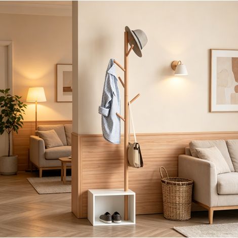 Porte-manteau 40x30x180 cm en bois blanc et bambou, avec rangement, style moderne FloraGrace (1/5)
