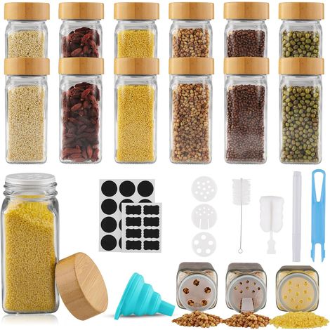 Pot à Épices en Verre et Bois, 12 Pièces Bocaux à Épices 120ml Boite à Épices Verre pour Cuisine Rangement avec Étiquettes Epices Tamis Entonnoir Brosse (1/5)