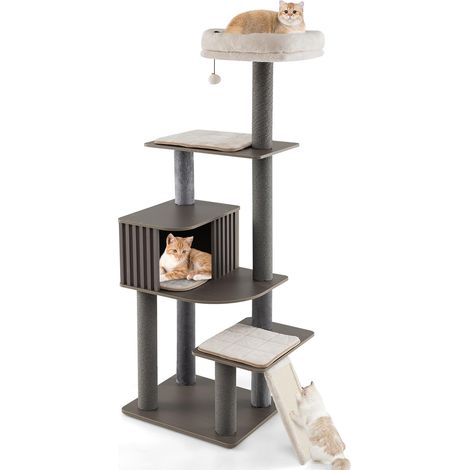 COSTWAY Albero per Gatti a 6 Livelli, Torre per Gatti Alta 171 cm con Cuscino, Condominio, Tappetini Staccabili e Pannello in Sisal, Albero Tiragraffi in Legno con Palla Pompom Appesa (1/5)