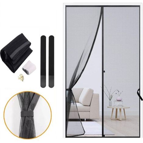 ÉPAISSIE Moustiquaire Porte 120x220cm Filet Très Dense Aimantée Rideau Anti Mouches et Insectes Avec Ruban Adhésif, Bâtons Magnétiques, Fermeture Automatique, Noir (1/5)