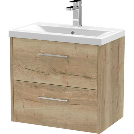 Winshill Contemporary 2 Drawer Wall Hung Vanity Unit with Mid-Edge Basin, Light Oak, 600mm (1/4)