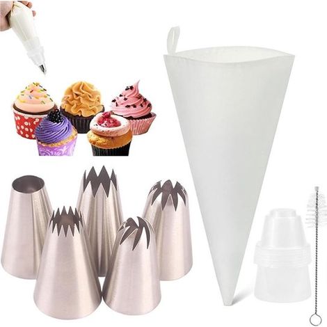 Set mit 8 professionellen wiederverwendbaren Spritzbeuteln inklusive 5 großer Edelstahl-Tüllen für Kuchen Gebäck Kekse Cupcakes und Macarons mit (1/5)