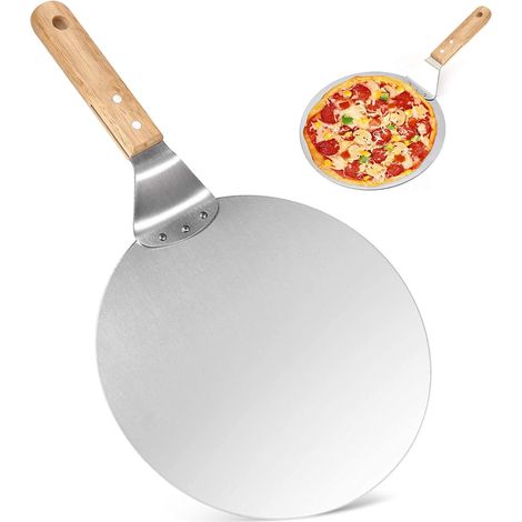Pelle à pizza en bois - 25,4 cm - Pelle à pizza ronde - Avec poignée en bois - Pour pizza, pain, biscuits et gâteaux - Argenté (1/5)