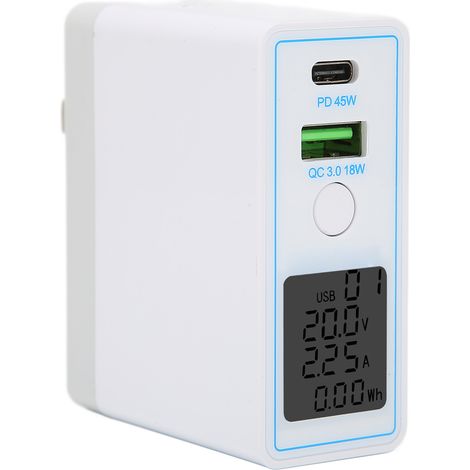 Chargeur mural USB-C PD QC 3.0 à 2 ports, chargeur rapide, AC100-240V avec bouton-poussoir et affichage, chargeur portable avec prise US et adaptateur UE. (1/5)