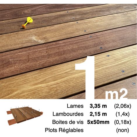 Kit terrasse bois exotique CUMARU pour 1 m² • Lames 3,35 m, lambourdes 2,15 m et visserie Inox