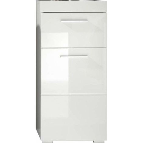 Meuble sous vasque simple blanc – 1 porte et 1 tiroir – Dimensions L 37 x P 31 x H 79 cm – Aggloméré mélaminé résistant à l'humidité – Trendteam (1/5)