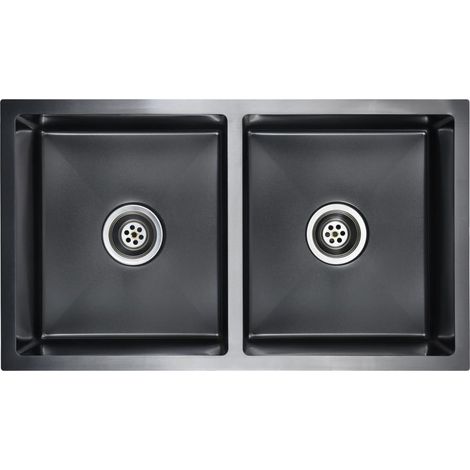 Évier de cuisine fait main avec crépine 76 x 44 cm acier inoxydable noir (1/5)