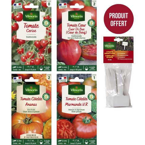 Vilmorin – Kit semis de tomates – 4 variétés de graines – 12 étiquettes de marquage offertes – Fiche pédagogique incluse