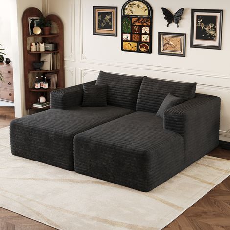 Canapé d'angle convertible 180x151x58 cm – canapé l compact 2 places effet cloud sans montage – velours côtelé – noir (1/5)