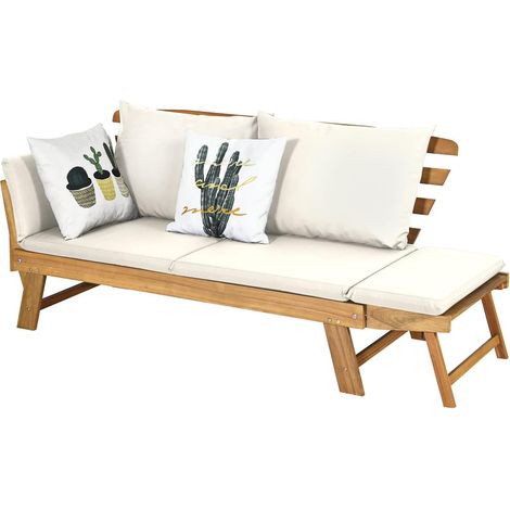 COSTWAY Sofá Cama Convertible para Patio, Sofá Cama de Madera de Acacia con Apoyabrazos Ajustable, Sofá Abatible con Cojines y Almohadas, Asiento de 2 Plazas Exterior para Jardín, Piscina, Blanco (1/5)