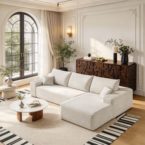 Canapé d'angle compressé 3 places velours côtelé Blanc,Canapé modulaire,Assises profondes,Chaise longue droite,Sans assemblage,270x175x83cm,pour Salon, Chambre d’Amis (1/5)