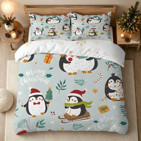 Noël Housse de Couette 140x200 Pingouin, Décoration Chambre - 140x200 cm + 1 Taies d'oreiller 65x65 cm (1/5)