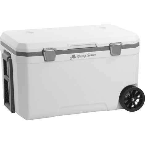 CampFeuer Kühlbox weiß 70 Liter mit Rädern, Rollkühlbox, isolierte Kühlbox mit Griffen, fahrbare Cooling Box, Eisbox, Mini Kühlschrank (1/5)